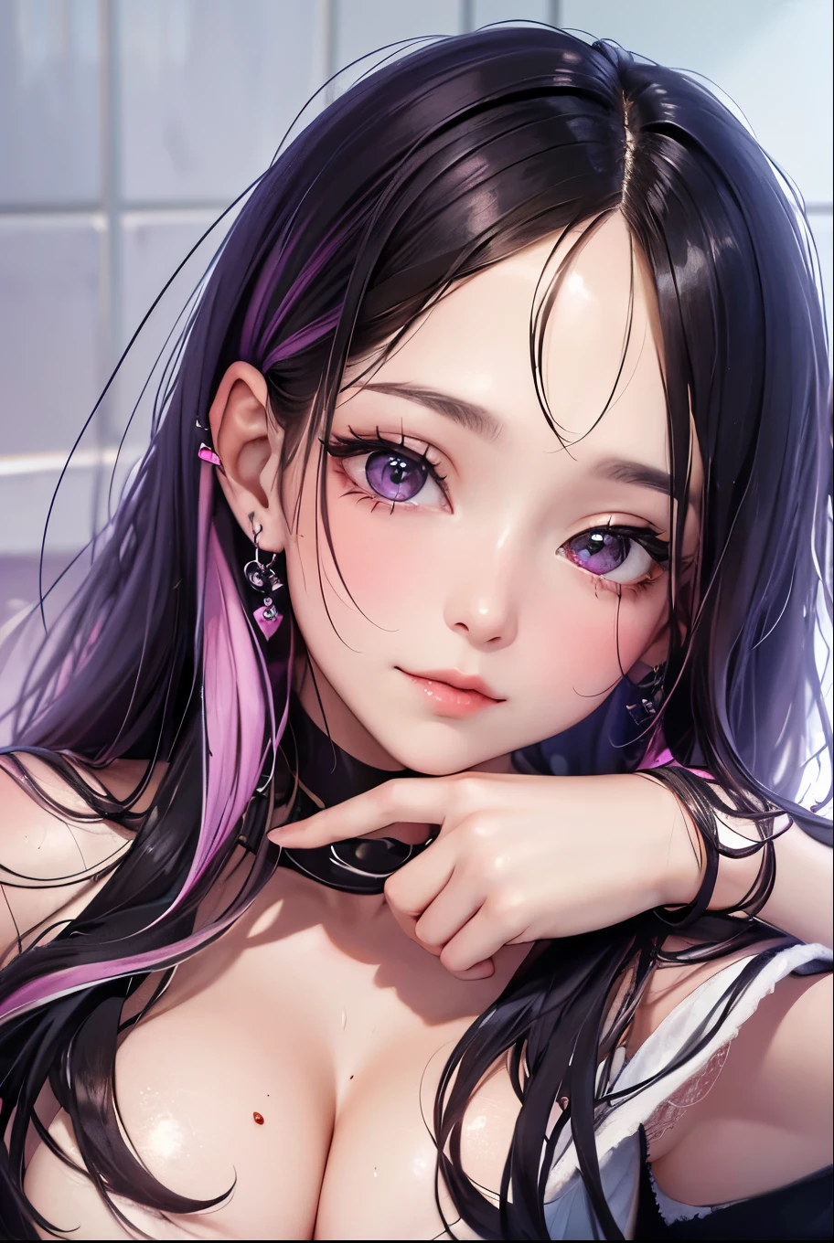 masterpiece, best quality, highly detailed, high resolution, expensive resolution, high resolution, 4k, 8k, uniform 8k wallpaper, highly detailed CG, masterpiece, 2d, 3d, beautiful details, depth, fine texture, best quality: 1.3, perfectly focused, sharp. skin, he, very cute anime girl, her name is Mei, semi-long hair, bath towel wrapped around her body after a bath, wet hair expensive semi-long hair, mole under eye looking at viewer, expensive, blush, mole, open lips, pink eyes, heart shaped choker, smiling face