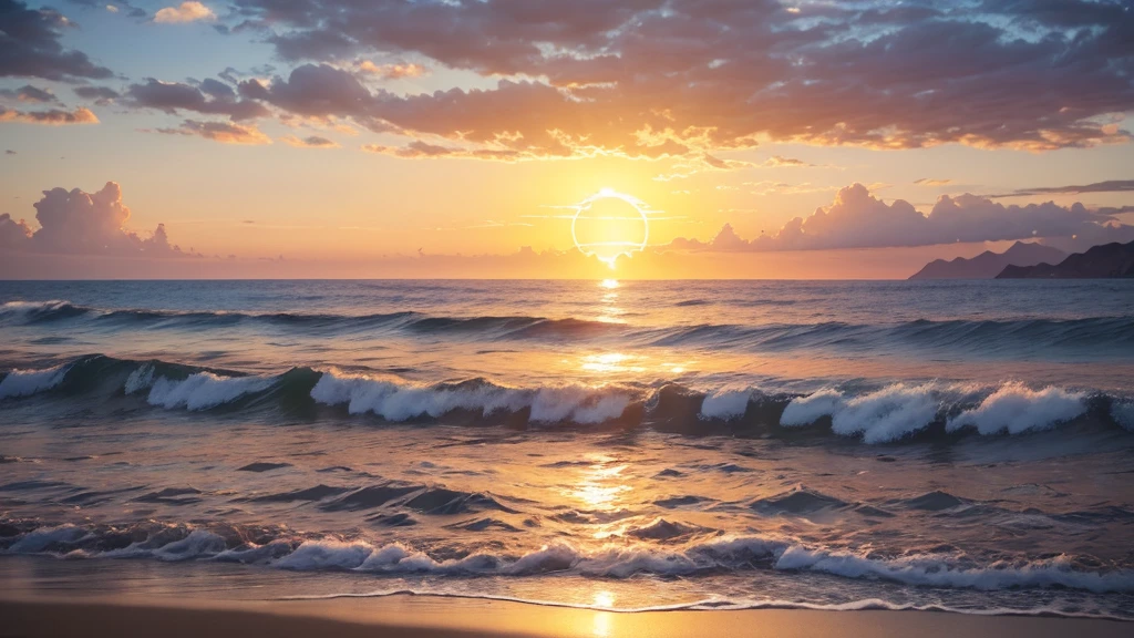 "A sunrise over a tranquil sea, symbolizing the dawn of eternal life promised in biblical scriptures. The scene radiates hope and renewal, with biblical symbols of resurrection and everlasting joy depicted in the shimmering light."