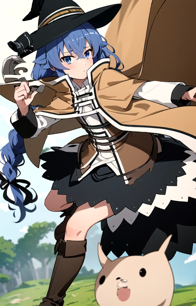 (masterpiece:1.4), (Highest quality:1.4), (((Pixel Perfect, Perfect in every detail))), One girl,  body, Roxy Migurdia, Blue Hair, Long Hair, Hair between the eyes, Twin Blade, blue eyes, Witch Hat, White collared shirt, Long sleeve, Wide sleeves, White capelet, Brown cape, Long Cape, Black Skirt, White boots, Small to medium chest, Flat colors, View your viewers, 
