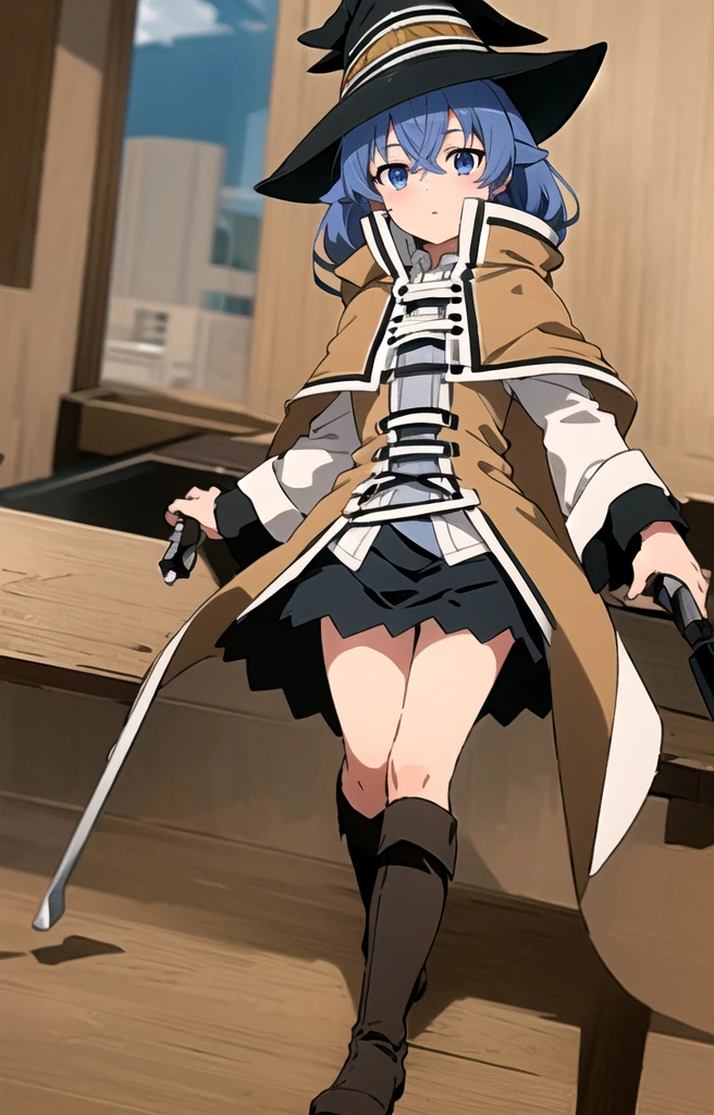 (masterpiece:1.4), (Highest quality:1.4), (((Pixel Perfect, Perfect in every detail))), One girl, body, Roxy Migurdia, Blue Hair, Long Hair, Hair between the eyes, Twin Blade, blue eyes, Witch Hat, White collared shirt, Long sleeve, Wide sleeves, White capelet, Brown cape, Long Cape, Black Skirt, White boots, Small to medium chest, Flat colors, View your viewers,