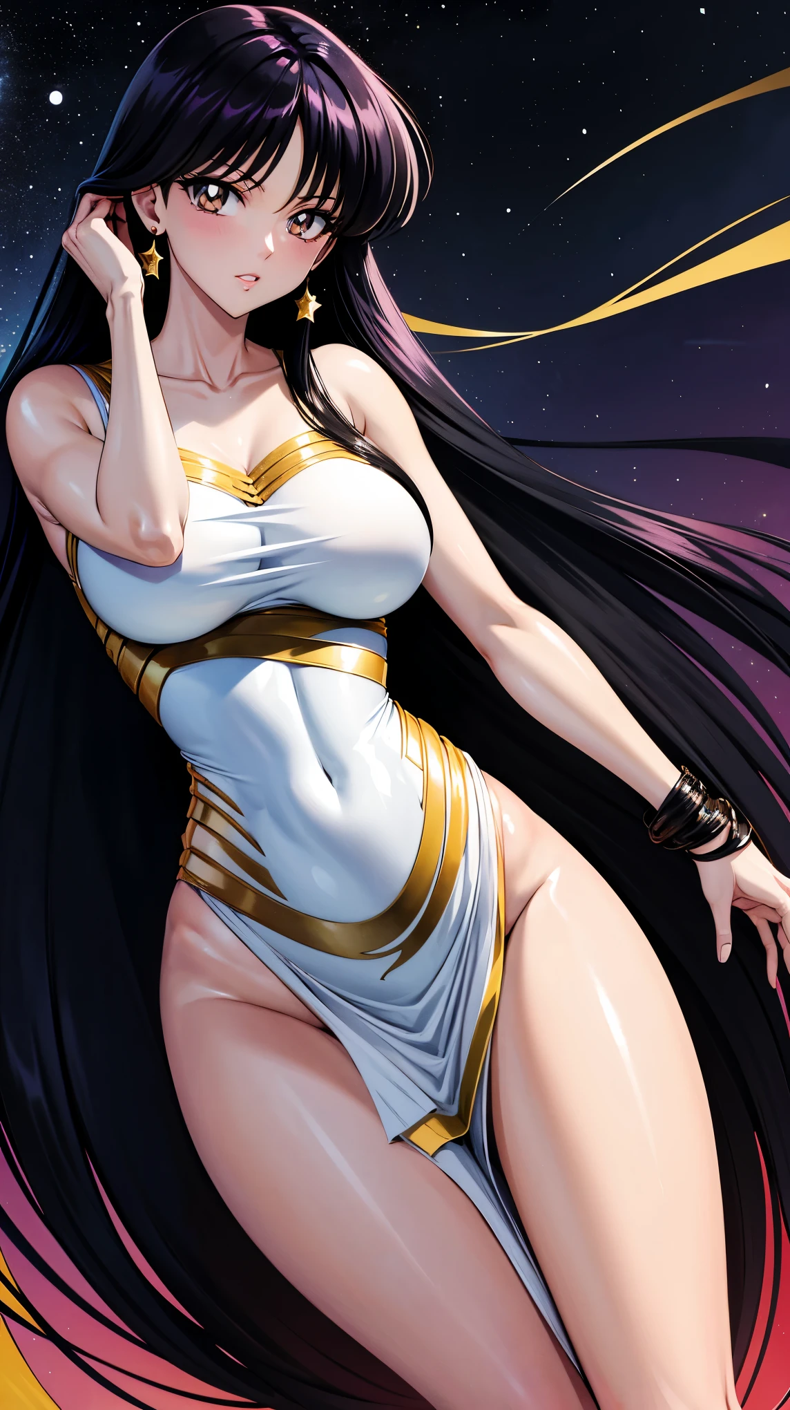 A beautiful and sexy black woman with long white hair and yellow eyes Who has a very sexy body With long breasts and hips Wearing a golden dress