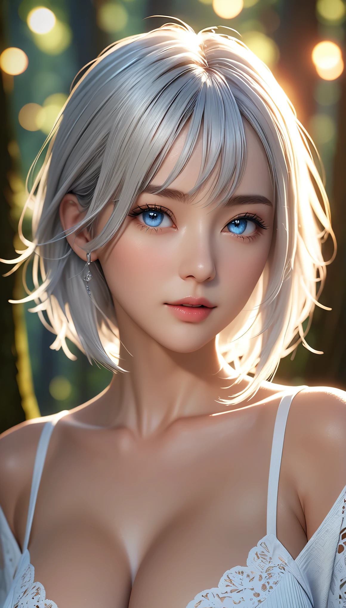 best quality, masterpiece, High resolution, portrait, actual, blue eyes, silver hair, Large Breasts, 8K resolution, high qualityCG, Beautiful CG, Soft Light, fashion brand image, The Tyndall effect, lifelike, forest, Side lighting, (HD Skin:1.2), 8K超高清, Sexy, high quality, Volumetric lighting, confess, photography, 超High resolution, 8K, Bokeh, Shallow depth of field