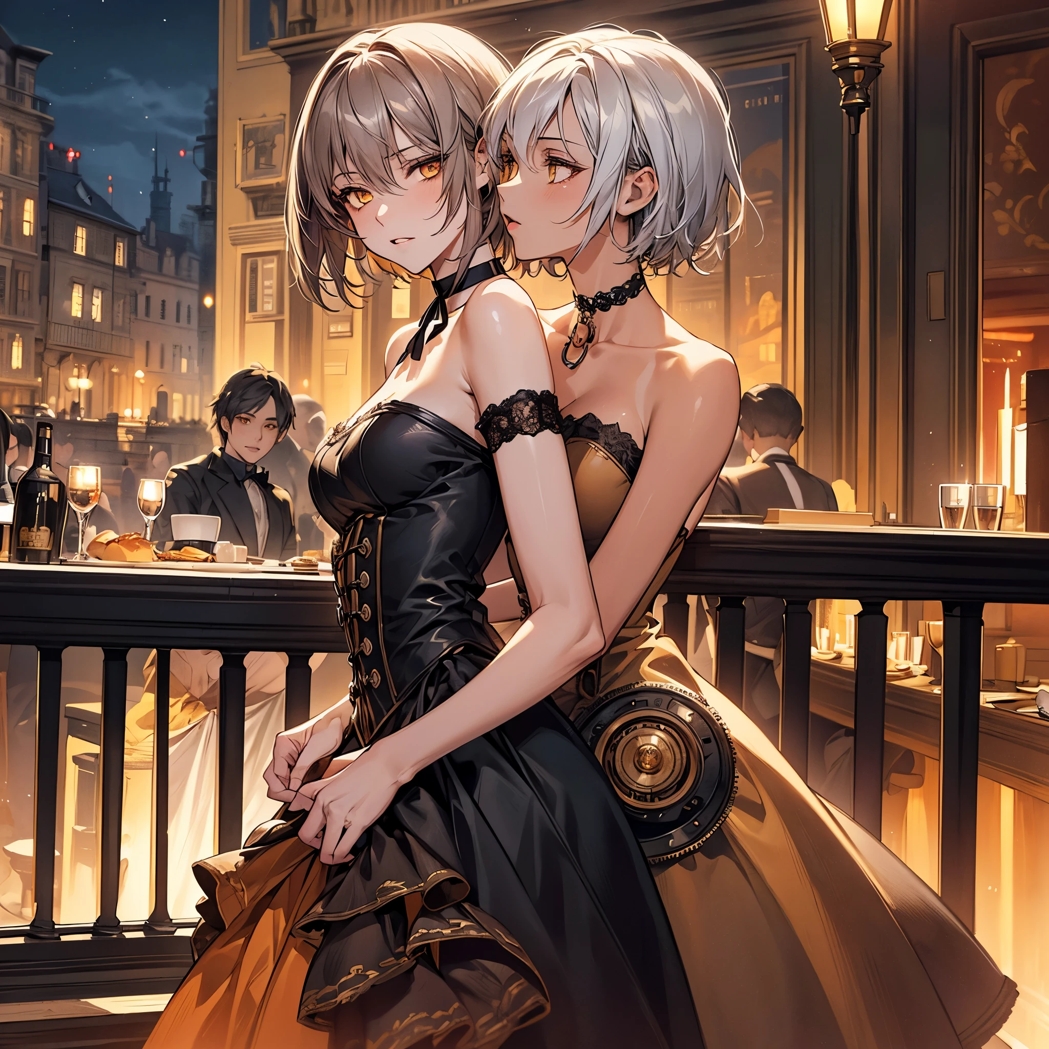 masterpiece, Highest quality, Perfect Face, Highest Resolution, Highest quality,Detailed depiction of the eyes, 1 girl, young, slender body, Short, deep tan skin, slate gray hair, short hair, upturned eyes, Yellow Orange eyes, Perfect Anatomy, steampunk, ribbon choker, dress, dinner, restaurant, Talk, city, night, night