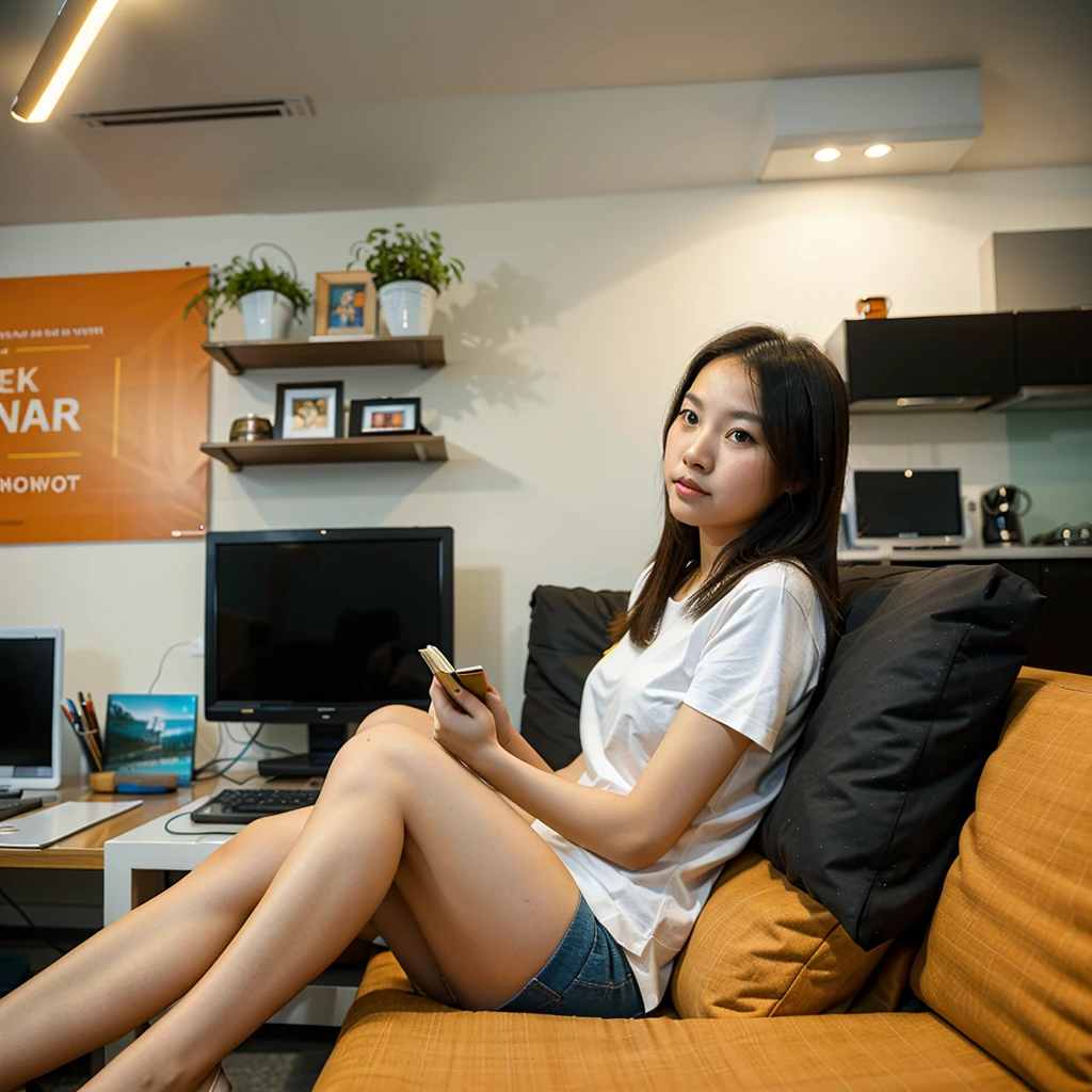 Lyna, a young Vietnamese girl, was sitting comfortably in a comfortable seat and engrossed in reading a book about digital marketing. She seems very attentive and focused, eager to learn new knowledge.
