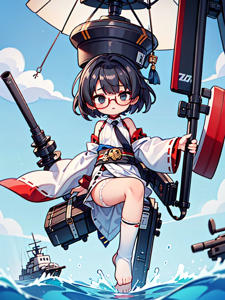 ((((Full body of a woman with perfect flat chest、solo、Short unkempt black hair、Tie your messy hair at the nape of your neck、white military jacket、Miko costume、tights、Black glasses、White military cap、Cloudy black eyes、Confused eyes、Eyes Beginning to Open、Junyo hair accessories)))), (((masterpiece))), (((Shipgirl))), ((Floating on the morning sea with both feet)), (Spread your legs wide open), (Hold the turret with your right hand), (Mechanical arms extending from the waist are used to equip the ship with battleship equipment.), (Equipped with a turret on the back), (Holds a triple turret on the left arm), Shotgun belt on thigh, Spreading the Machine's Wings, Machine tail, Holding a shotgun,