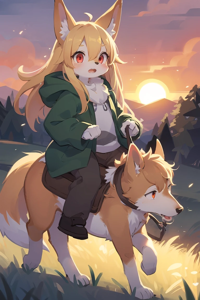  the fox, , was hairy, shaggy, skin fur, smooth lashes, golden fur, forelimb hands, straight long blonde hair, solid circle eyes, golden ears, golden fur, golden facial fur, shiny hair, red eyes, super cute face, 1fox tail, fluffy tail, furry tail, glowing eyes, green coat green hood down, brown trousers, riding horse, open mouth, embarrassed, ambient light, ultra-fine fur, dashed eyes, full body, masterpiece, high quality, high-details, best quality, wide short, (((solo))), twilight, sun light, red sky, rim light