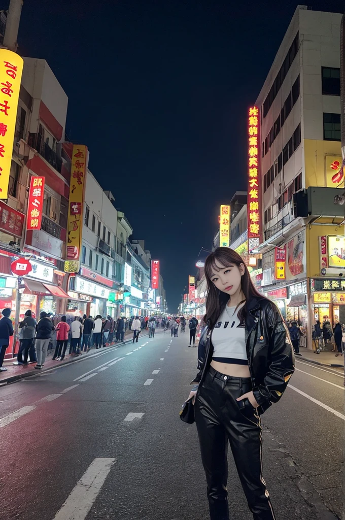 At night on Chinatown Road, Yaowarat, there is an open area. There is a Korean female idol wearing a hip-hop style outfit, standing in a cool pose in the middle of the road. The lights at night are beautiful and realistic. 64K Perspective view from the ground to the top. Colorful lights are lines of movement.