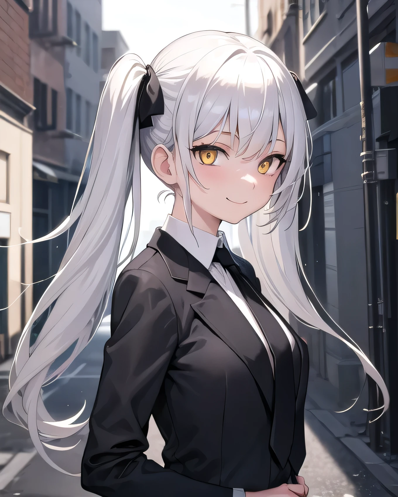 masterpiece, best quality, 1girl, Alley way, Black Suit,necktie,upper body, from side, science fiction, yellow eyes, twintails, silver hair, looking at viewer,smile