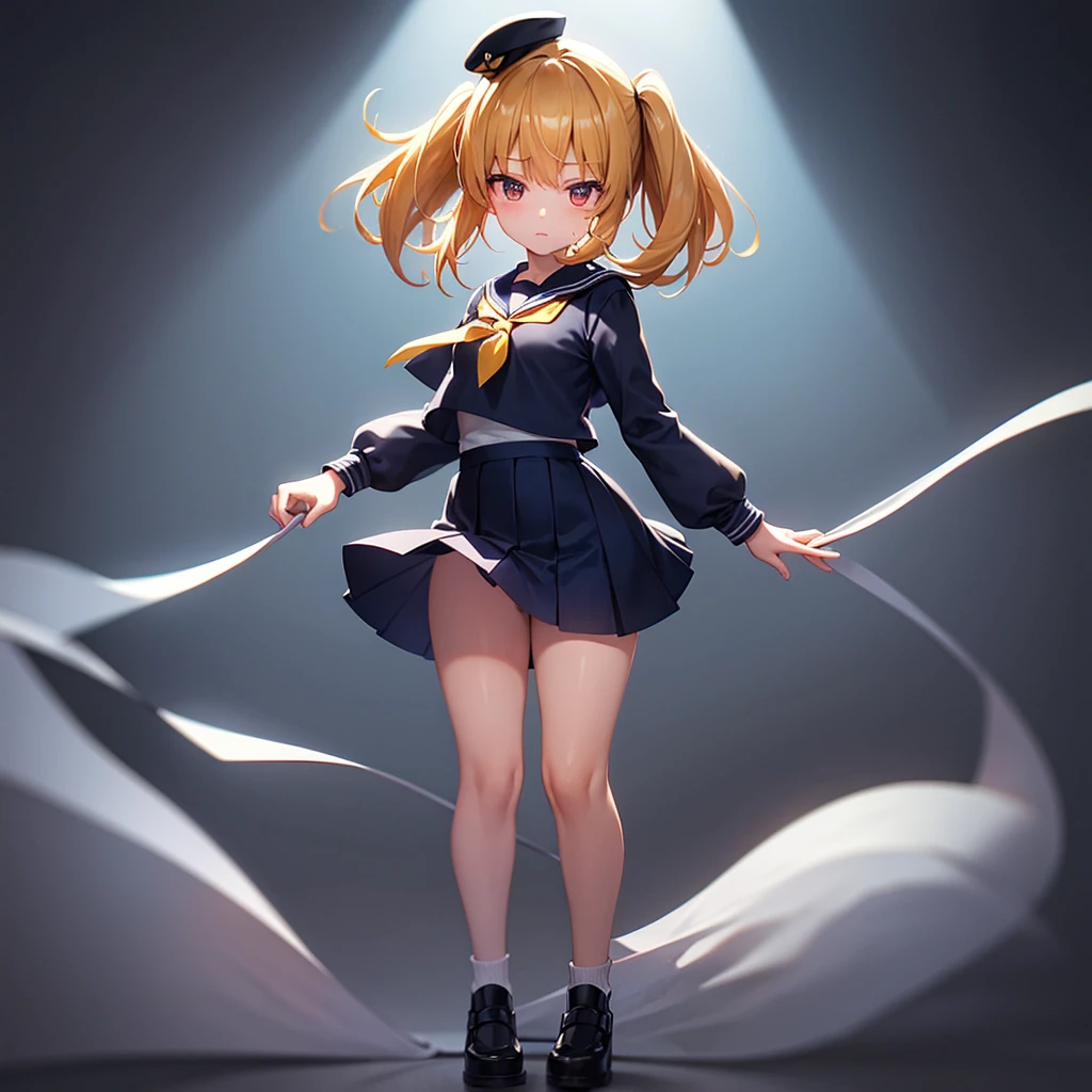 (Sailor suit),(((Navy Mini Skirt))),beret,,Cute little ,Tiny ,Small girl,,Childish face, Very fine clean face,Top quality, Big eyes,Straight Hair,Yellow hair,Crimson Eye,(Dark Room), Subtle light, Natural light,Soft lighting,Light from directly behind, (Are standing), Cute pose, (Open your hands), Showing the whole body,Front view,Black background