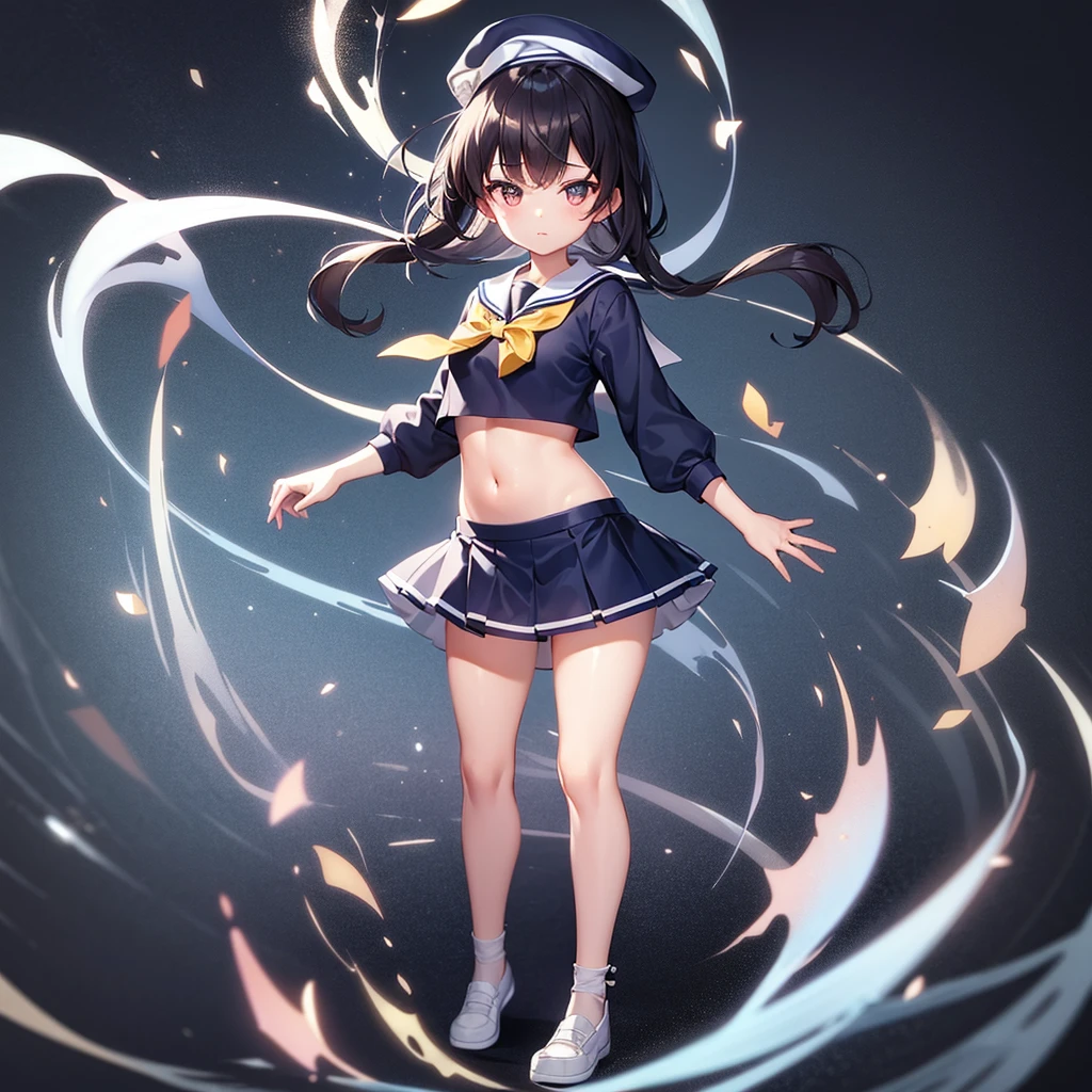 (Sailor suit),(((Navy Mini Skirt))),beret,,Cute little ,Tiny ,Small girl,,Childish face, Very fine clean face,Top quality, Big eyes,Straight Hair,Yellow hair,Crimson Eye,(Dark Room), Subtle light, Natural light,Soft lighting,Light from directly behind, (Are standing), Cute pose, (Open your hands), Showing the whole body,Front view,Black background