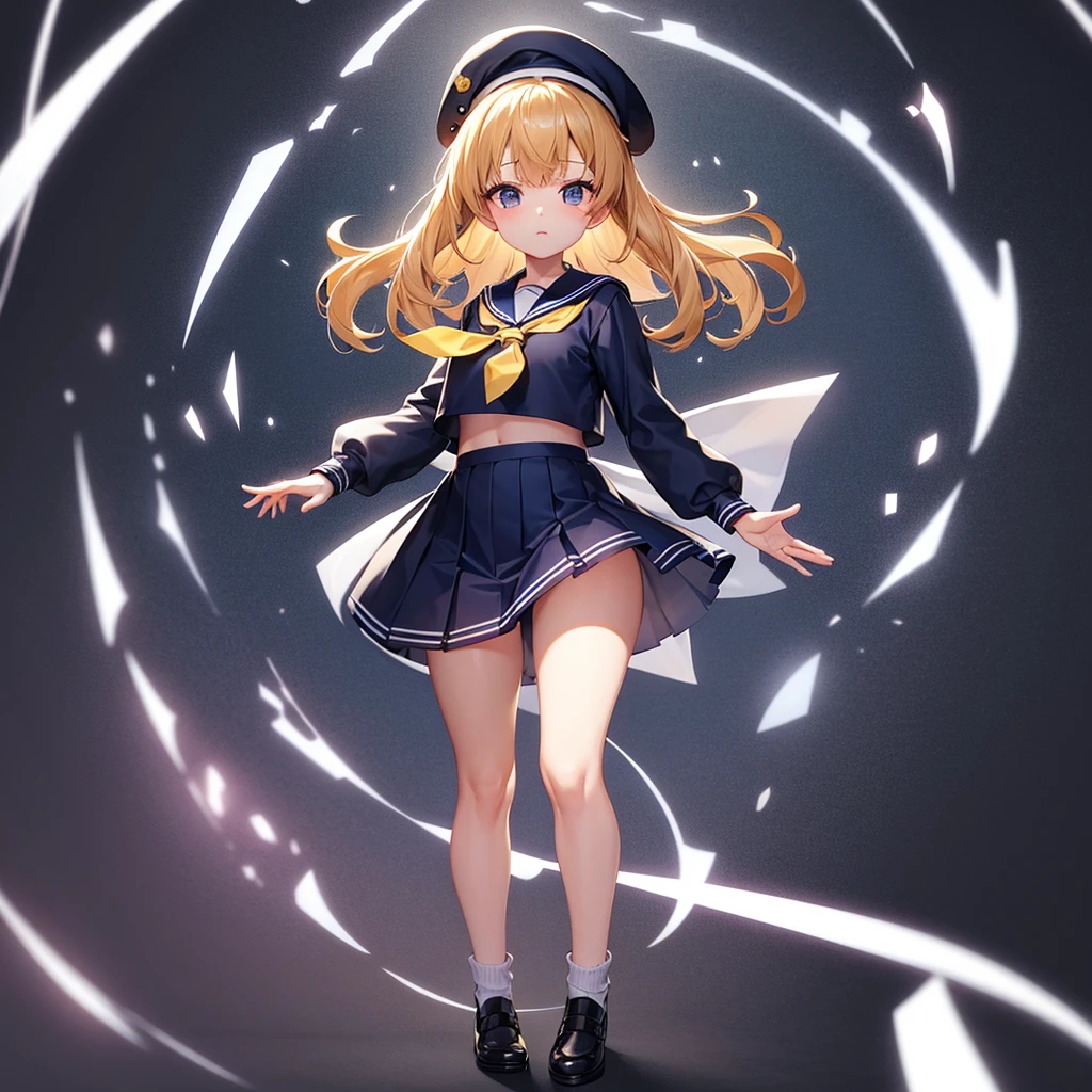 (Sailor suit),(((Navy Mini Skirt))),beret,,Cute little ,Tiny ,Small girl,,Childish face, Very fine clean face,Top quality, Big eyes,Straight Hair,Yellow hair,Crimson Eye,(Dark Room), Subtle light, Natural light,Soft lighting,Light from directly behind, (Are standing), Cute pose, (Open your hands), Showing the whole body,Front view,Black background