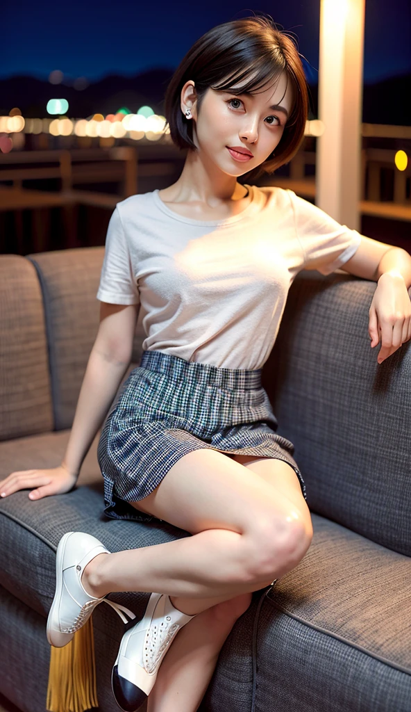 (8k, RAW photo, best quality, masterpiece:1.2), (realistic, photo-realistic:1.37), ultra-detailed,
1 girl, 24 years old, solo, beautiful detailed sky,detailed cafe,night,sitting,dating,(smile:1.1),large breasts, seductive smile, professional lighting, Sony A7R4, Zessie 50mm F1.8, beautiful detailed eyes, (shirt:1.1), pleated skirt,(short hair:1.2),floating hair,black eyes,