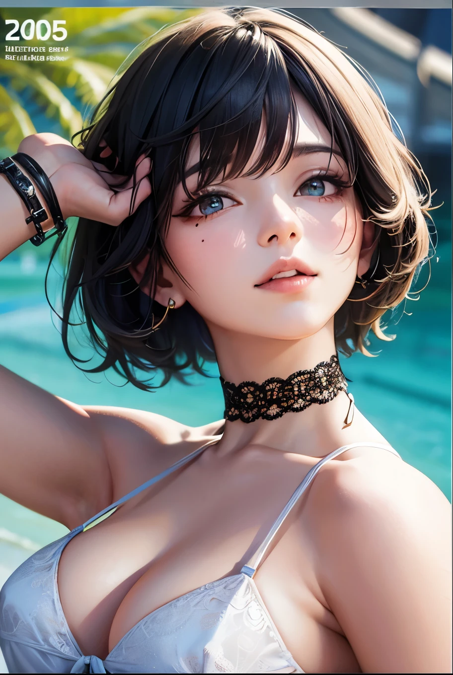 masterpiece, best quality, highly detailed, high resolution, expensive resolution, high resolution, 4k, 8k, uniform 8k wallpaper, highly detailed CG, masterpiece, 2d, 3d, beautiful details, depth, fine texture, best quality: 1.3, perfectly focused, sharp. skin, him, very cute anime girl, her name is Mei, bob hair, idol, swimsuit bikini, seaside beach, expensive bob hair, mole under eye looking at the viewer, expensive, blush, mole, open lips, pink eyes, heart shaped choker, smiling face
