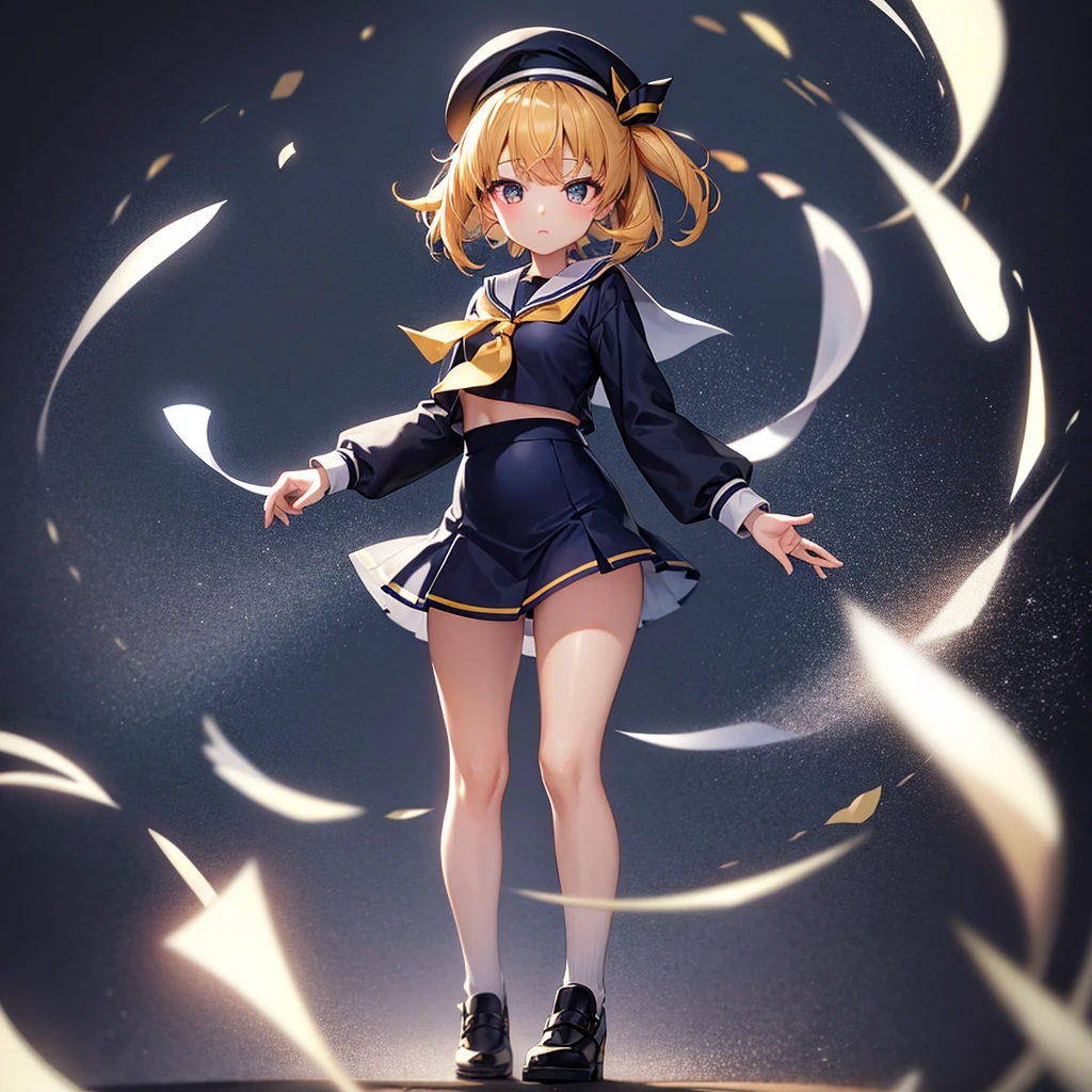 (Sailor suit),(((Navy Mini Skirt))),beret,,Cute little ,Tiny ,Small girl,,Childish face, Very fine clean face,Top quality, Big eyes,Straight Hair,Yellow hair,Crimson Eye,(Dark Room), Subtle light, Natural light,Soft lighting,Light from directly behind, (Are standing), Cute pose, (Open your hands), Showing the whole body,Front view,Black background