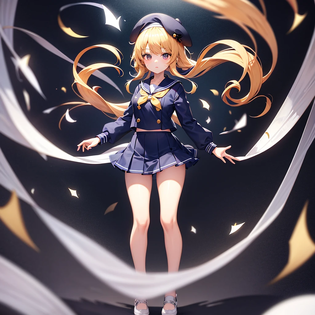 (Sailor suit),(((Navy Mini Skirt))),beret,,Cute little ,Tiny ,Small girl,,Childish face, Very fine clean face,Top quality, Big eyes,Straight Hair,Yellow hair,Crimson Eye,(Dark Room), Subtle light, Natural light,Soft lighting,Light from directly behind, (Are standing), Cute pose, (Open your hands), Showing the whole body,Front view,Black background