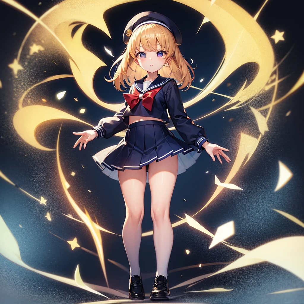 (Sailor suit),(((Navy Mini Skirt))),beret,,Cute little ,Tiny , girl,,Childish face, Very fine clean face,Top quality, Big eyes,Straight Hair,Yellow hair,Crimson Eye,(Dark Room), Subtle light, Natural light,Soft lighting,Light from directly behind, (Are standing), Cute pose, (Open your hands), Showing the whole body,Front view,Black background