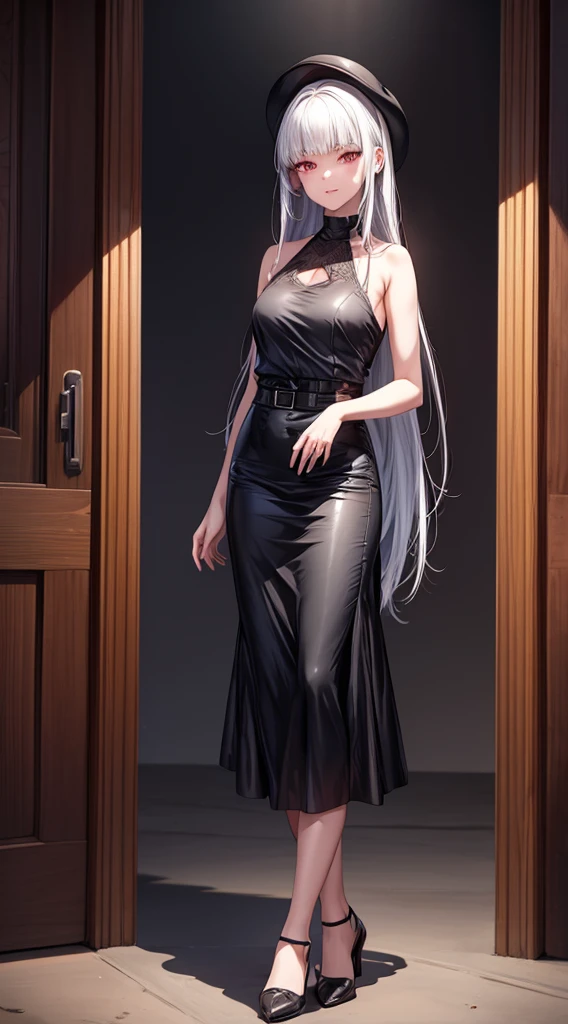 (best quality:1.5, highres, UHD, 4K, detailed lighting, shaders), silver straight hair, cutted under shoulder hair, cutted straight bangs, strictly straight bangs, ,silver deep gray hair, beautiful breasts , a little larger than medium breasts, black shirt, leather skirt pants, young woman , black Witcher hat, (pov), white background, colorful red eyeshadow, dramatic lighting, smile eyepression, golden earrings, flowing hair, delicate facial features, soft skin, high cheekbones, white background, stand up, lean forward, full body, light eyes , dusty rose eyes, ashy rose eyes, gray rose eyes, one character on screen