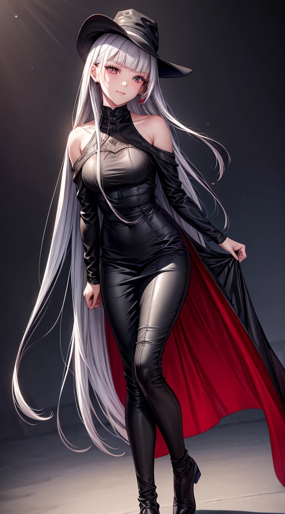 (best quality:1.5, highres, UHD, 4K, detailed lighting, shaders), silver straight hair, cutted under shoulder hair, cutted straight bangs, strictly straight bangs, ,silver deep gray hair, beautiful breasts , a little larger than medium breasts, black shirt, leather skirt pants, young woman , black Witcher hat, (pov), white background, colorful red eyeshadow, dramatic lighting, smile eyepression, golden earrings, flowing hair, delicate facial features, soft skin, high cheekbones, white background, stand up, lean forward, full body, light eyes , dusty rose eyes, ashy rose eyes, gray rose eyes, one character on screen