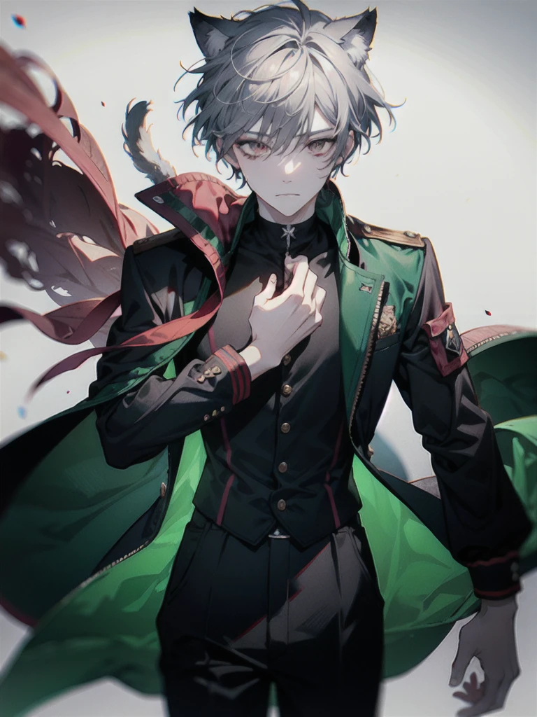 1 boy, bar background simple background, delicate eyes, boy with gray hair and cat ear, red eye, wearing black turtle neck with green bomber jacket, dynamic lighting, dynamic effect, cinematic light, Best quality, highly detailed, masterpiece, ultra detailed, waist up, anime