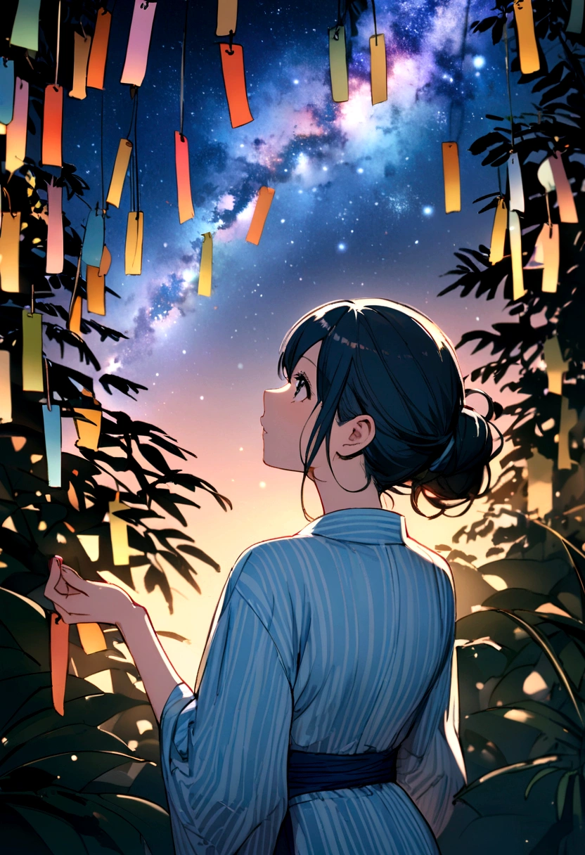 Back view of a woman wearing a light blue yukata,The woman is photographed from a distance,Looking up at the Milky Way,Tanabata,