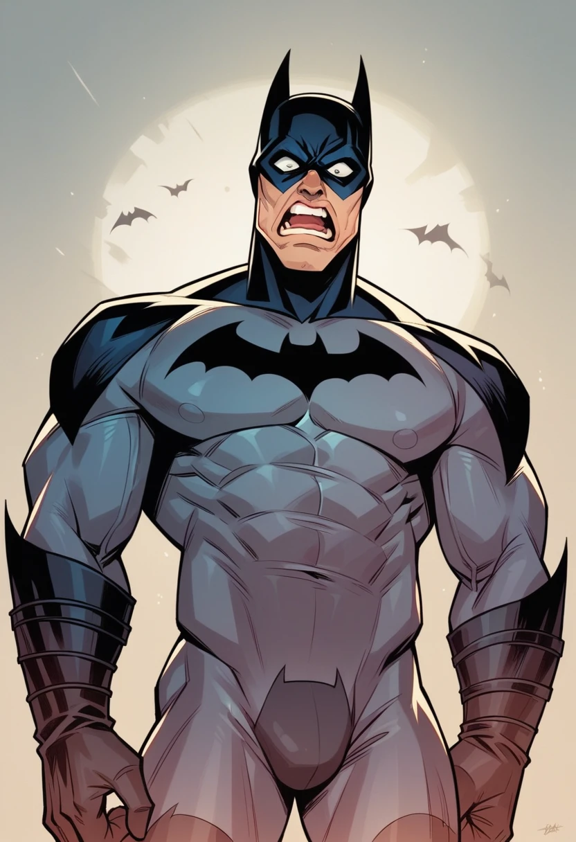 Batman, from front, super fine, lower body shot, middle-aged man, hunk, looking down and mouth wide open with shocked face, Batman's crotch get pinched by many tongs, Batman's crotch squeezed by many tongs,