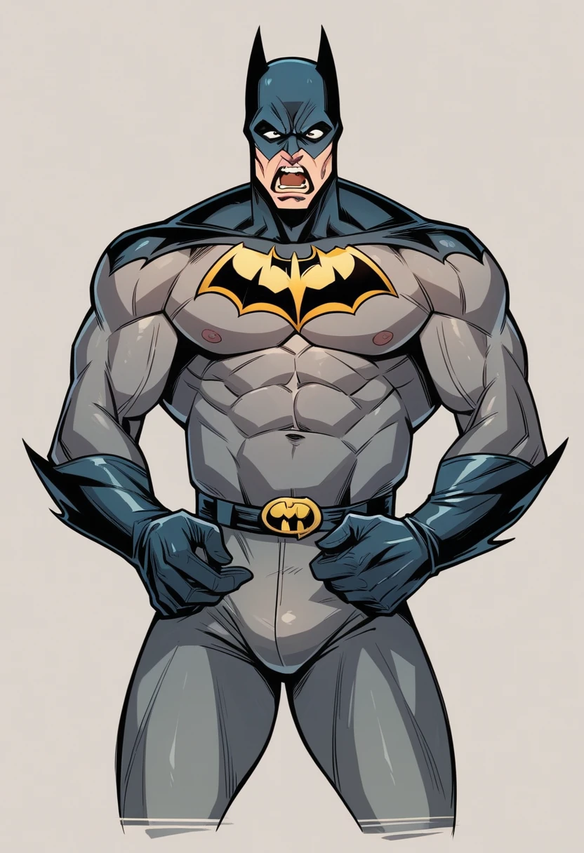 Batman, from front, super fine, lower body shot, middle-aged man, hunk, looking down and mouth wide open with shocked face, Batman's crotch get pinched by many tongs, Batman's crotch squeezed by many tongs,