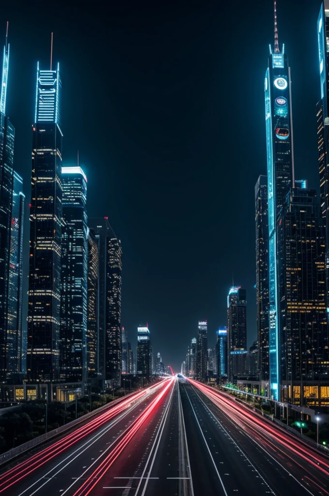 Futuristic city at night with many lights where the cars and their lights show the law of symmetry and continuity of the gestalt