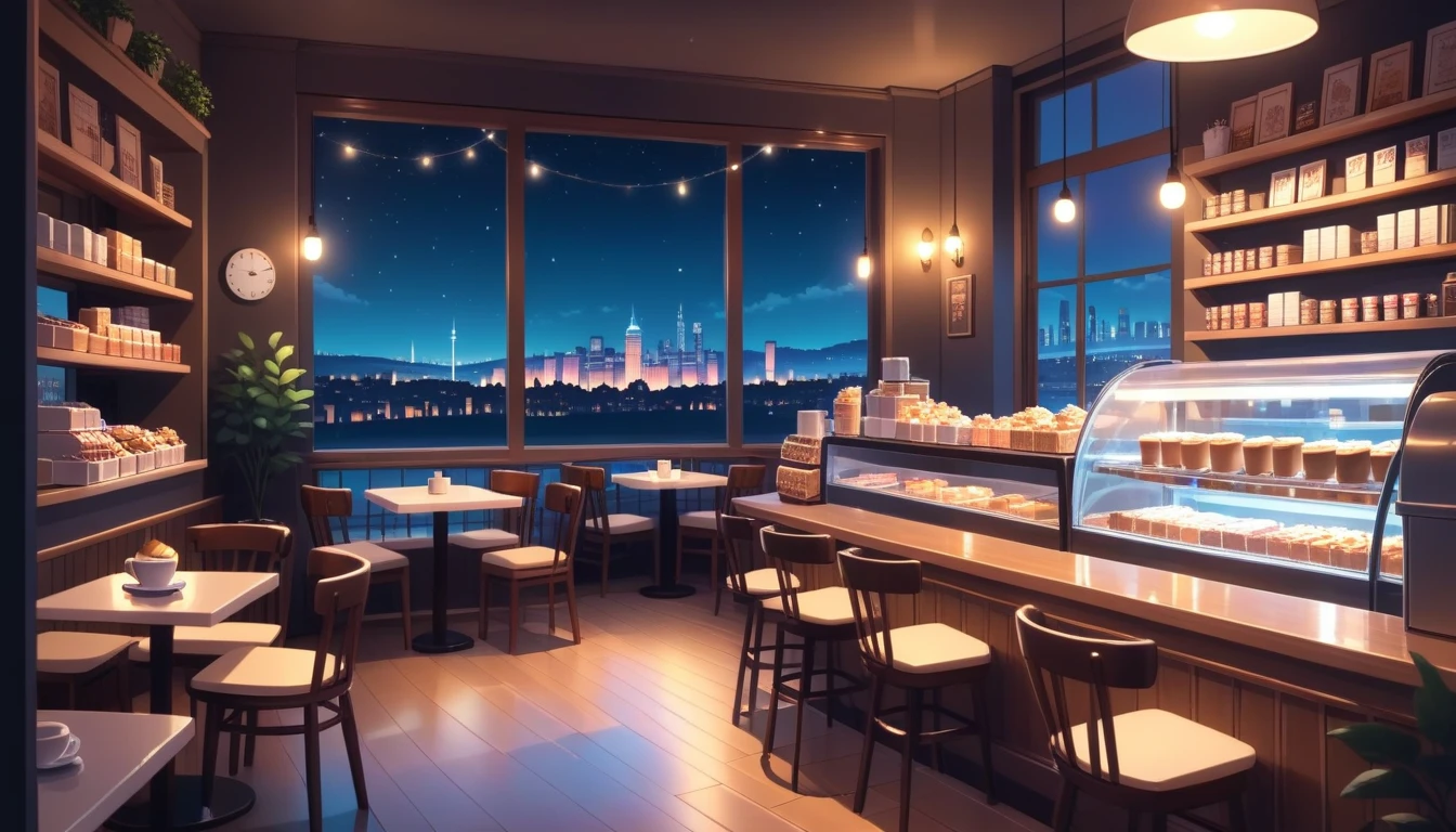 a cozy night time at a coffe interior with cozy lighting and sweets in the shelves. There are coffee cups in the tables. There is a big window in the middle of the coffeeshop and the outside view is the city at night.
