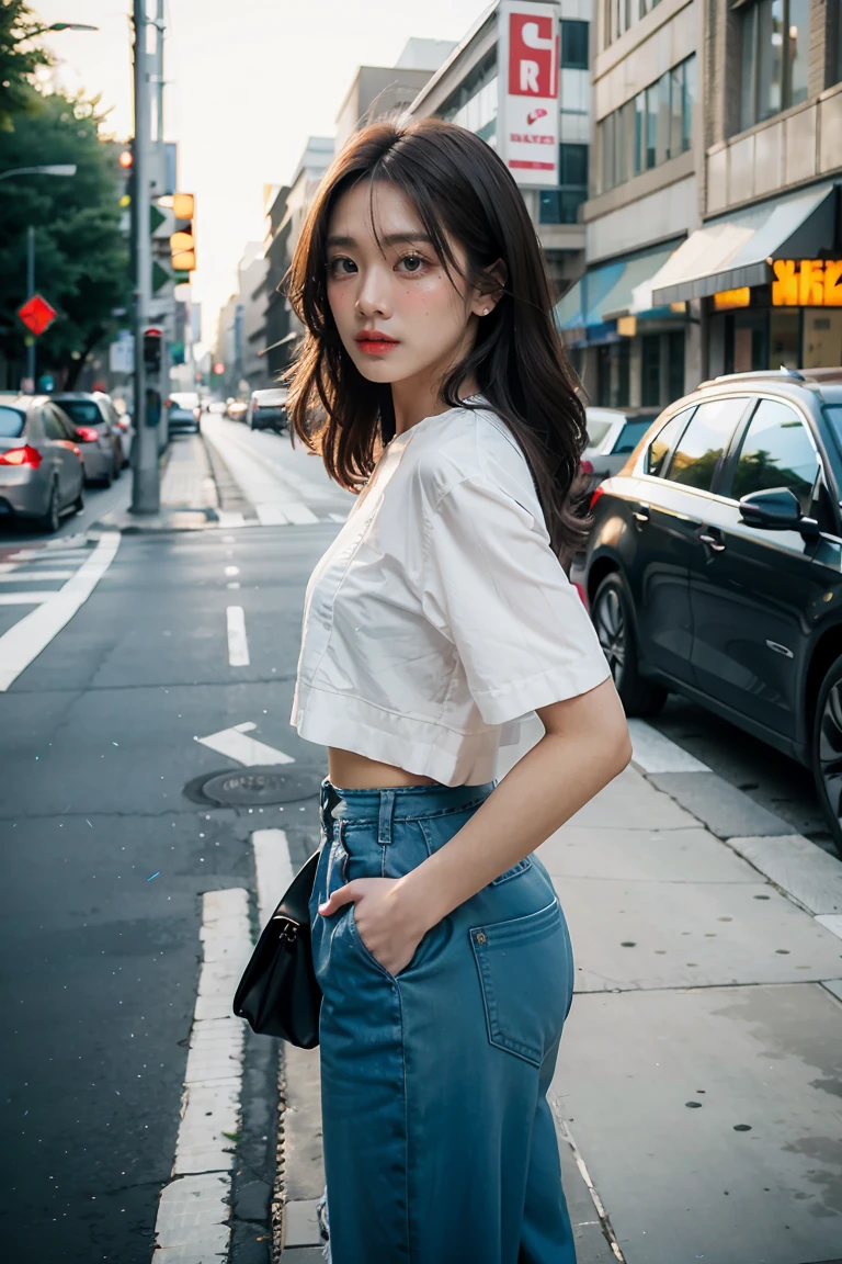 A young woman standing on the street, blur background, beatiful, photorealistic