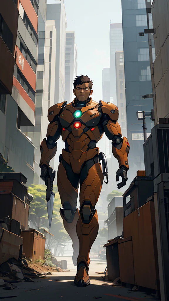 A neatly short-haired Indonesian man, wearing a brown Security Unit mecha suit, walks while holding a weapon in an office building. This photo captivates with its futuristic and authoritative imagery, creating a tense and action-packed atmosphere that grabs attention and invites curiosity.