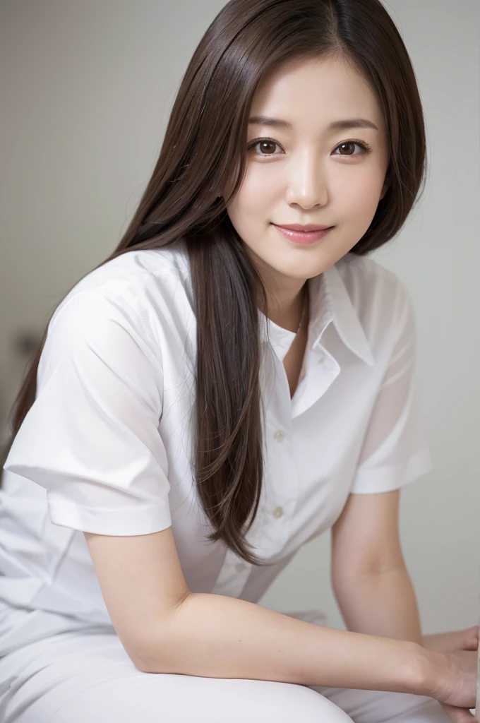 Japanese women, 40s, White background, simple背景,Long Hair、White-brown hair, Slender, 4K, 8K, High quality, Beauty products, EyesBeautiful Eyes, simple, It is high resolution.,1 person,Beautiful Skin,Beautiful Skin、Natural smile、Short sleeve、Wearing a white shirt,