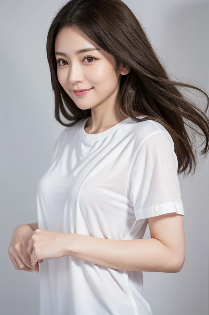 Japanese women, 40s, White background, simple背景,Long Hair、White-brown hair, Slender, 4K, 8K, High quality, Beauty products, EyesBeautiful Eyes, simple, It is high resolution.,1 person,Beautiful Skin,Beautiful Skin、Natural smile、Short sleeve、Wearing a white shirt,