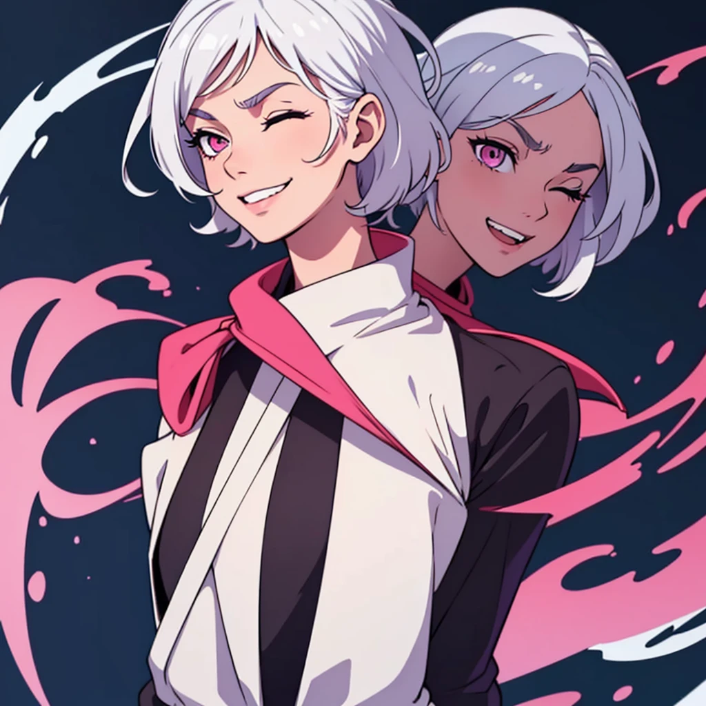 short white hair, highres, high resolution, masterpiece, wide dark pink eyes, looking right, looking towards the right, looking rightward, head looking down, facing down, looking straight down, looking seriously down, looking into camera, head tilting down, head facing down, talking, grinning, confident, masterpiece, best quality, highres, 1 man, Gojo Satoru jujutsu kaisen, wavy hair, white hair, medium short hair, ager, colorful hair, light background, full body, teen, colorful parts, symbols, dark , bold, realistic mixing dark lines and loose lines, bold lines, on paper, human man, full body, imposing pose, stylish outfit, dark theme, beautiful, pretty, modest, standing, male, sharp chin, high cheekbones, white background, highres, high resolution, masterpiece, winking, one eye closed, grinning, huge smile, happy mouth open, talking, speaking, yelling, winking, one eye closed, light shadows on side of face, slight shadows on side of face