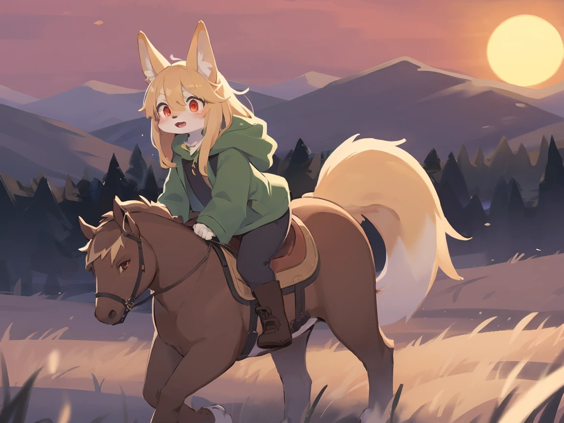 the fox, , was hairy, shaggy, skin fur, smooth lashes, golden fur, forelimb hands, straight long blonde hair, solid circle eyes, golden ears, golden fur, golden facial fur, shiny hair, red eyes, super cute face, 1fox tail, fluffy tail, furry tail, glowing eyes, green coat green hood down, brown trousers, riding horse, open mouth, embarrassed, ambient light, ultra-fine fur, dashed eyes, full body, masterpiece, high quality, high-details, best quality, wide short, (((solo))), twilight, sun light, red sky, rim light