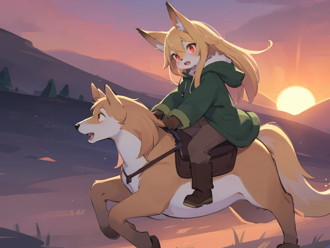 the fox, , was hairy, shaggy, skin fur, smooth lashes, golden fur, forelimb hands, straight long blonde hair, solid circle eyes, golden ears, golden fur, golden facial fur, shiny hair, red eyes, super cute face, 1fox tail, fluffy tail, furry tail, glowing eyes, green coat green hood down, brown trousers, riding horse, open mouth, embarrassed, ambient light, ultra-fine fur, dashed eyes, full body, masterpiece, high quality, high-details, best quality, wide short, (((solo))), twilight, sun light, red sky, rim light