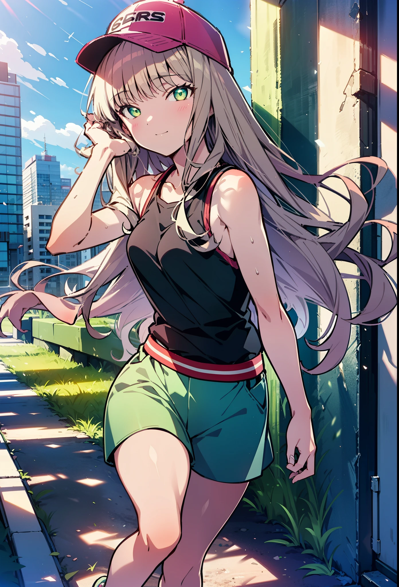 minami yume ,sss Dynazenon ,Long Hair, Brown Hair, (Green Eyes:1.5) ,blush,smile,hair band,Sleeveless shirt,Baseball cap,Long skirt,sneakers,Daytime,Clear skies,Walking,whole bodyがイラストに入るように,　　　　　　break　looking at viewer, whole body, 　　　　　　　break outdoors ,Building district,　　　　　　　　　　　　break (masterpiece:1.2), Highest quality, High resolution, unity 8k wallpaper, (shape:0.8), (Beautiful and beautiful eyes:1.6), Highly detailed face, Perfect lighting, Extremely detailed CG, (Perfect hands, Perfect Anatomy),