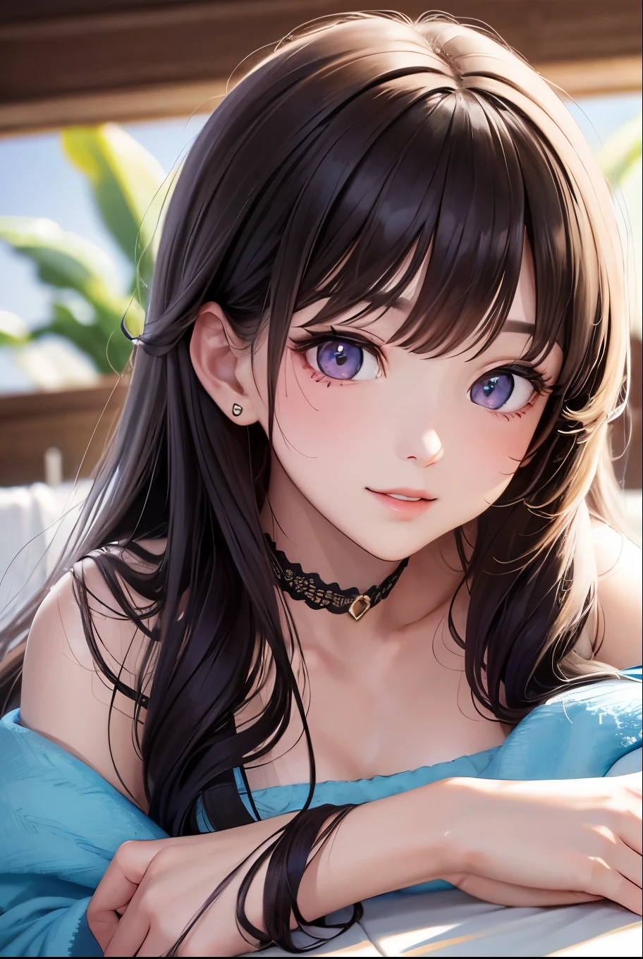 masterpiece, best quality, highly detailed, high resolution, expensive resolution, high resolution, 4k, 8k, uniform 8k wallpaper, highly detailed CG, masterpiece, 2d, 3d, beautiful details, depth, fine texture, best quality: 1.3, perfectly focused, sharp. skin, him, very cute anime girl, her name is Mei, medium long hair, idol, after bath, bath towel, wet hair, expensive medium long hair, mole under eye looking at viewer, expensive, blush, mole, open lips, pink eyes, heart shaped choker, smiling face