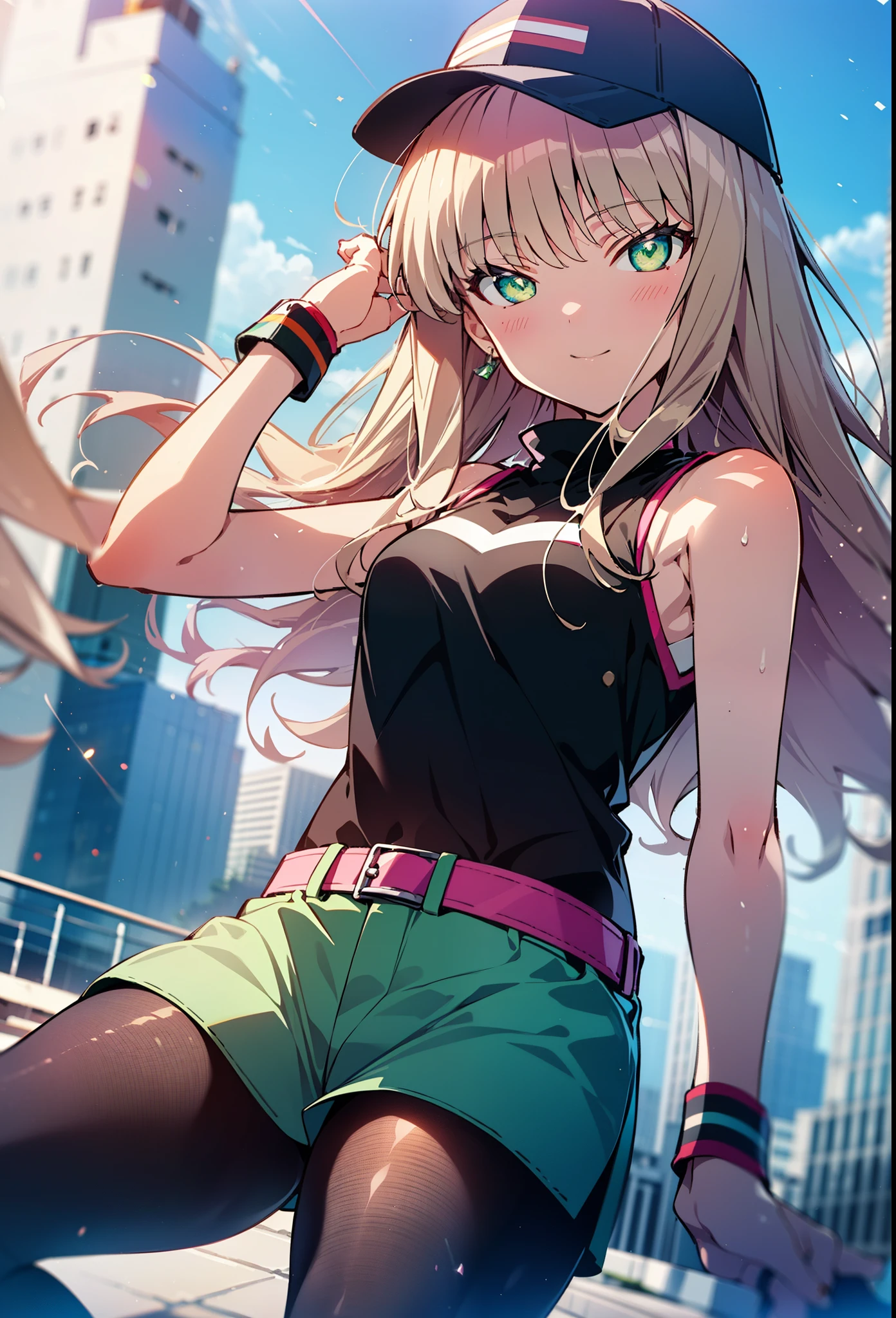 minami yume ,sss Dynazenon ,Long Hair, Brown Hair, (Green Eyes:1.5) ,blush,smile,hair band,Sleeveless shirt,Baseball cap,Long skirt,sneakers,Daytime,Clear skies,Walking,whole bodyがイラストに入るように, break looking at viewer, whole body, break outdoors ,Building district, break (masterpiece:1.2), Highest quality, High resolution, unity 8k wallpaper, (shape:0.8), (Beautiful and beautiful eyes:1.6), Highly detailed face, Perfect lighting, Extremely detailed CG, (Perfect hands, Perfect Anatomy),