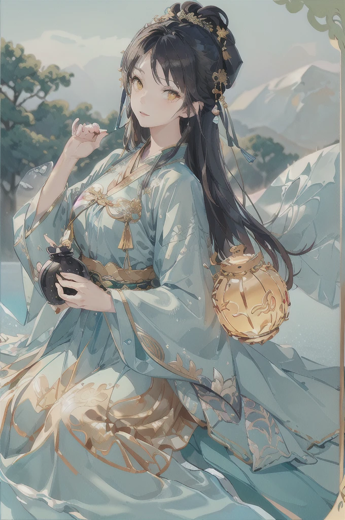 best quality, intricate details, highres,(beautiful detailed water:1.4),(hanfu, tang style),yellow eyes,(1girl in glass jar:1.1),