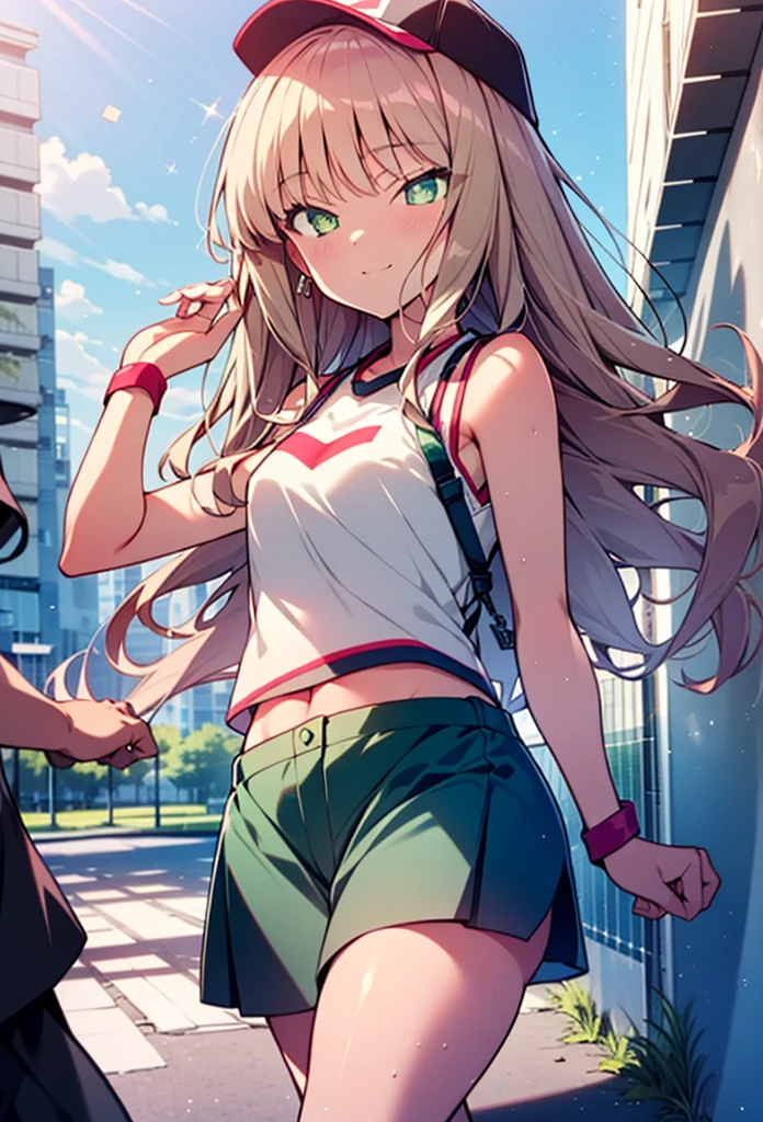 minami yume ,sss Dynazenon ,Long Hair, Brown Hair, (Green Eyes:1.5) ,blush,smile,hair band,Sleeveless shirt,Baseball cap,Long skirt,sneakers,Daytime,Clear skies,Walking,whole bodyがイラストに入るように,　　　　　　break　looking at viewer, whole body, 　　　　　　　break outdoors ,Building district,　　　　　　　　　　　　break (masterpiece:1.2), Highest quality, High resolution, unity 8k wallpaper, (shape:0.8), (Beautiful and beautiful eyes:1.6), Highly detailed face, Perfect lighting, Extremely detailed CG, (Perfect hands, Perfect Anatomy),