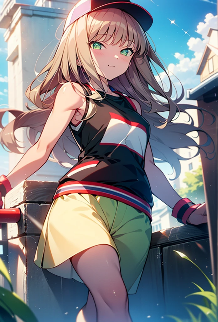 minami yume ,sss Dynazenon ,Long Hair, Brown Hair, (Green Eyes:1.5) ,blush,smile,hair band,Sleeveless shirt,Baseball cap,Long skirt,sneakers,Daytime,Clear skies,Walking,whole bodyがイラストに入るように, break looking at viewer, whole body, break outdoors ,Building district, break (masterpiece:1.2), Highest quality, High resolution, unity 8k wallpaper, (shape:0.8), (Beautiful and beautiful eyes:1.6), Highly detailed face, Perfect lighting, Extremely detailed CG, (Perfect hands, Perfect Anatomy),