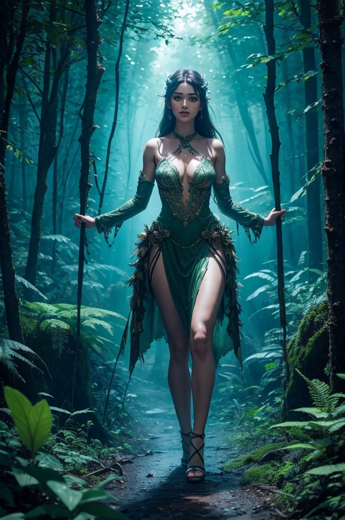 Beautiful woman's figure, dryad of the forest guardian of the trees, mysterious night, enchanting charming bioluminescent intricate details, glowing grove, lush glowing vegetation, full body portrait. trees emitting phosphorescence. luminous cool toned vibrant design, dreamy neon atmosphere, in the style of glowing luminescent summer magical forest. In the style of Erin Hanson, Georgia Theologou, wadim kashin