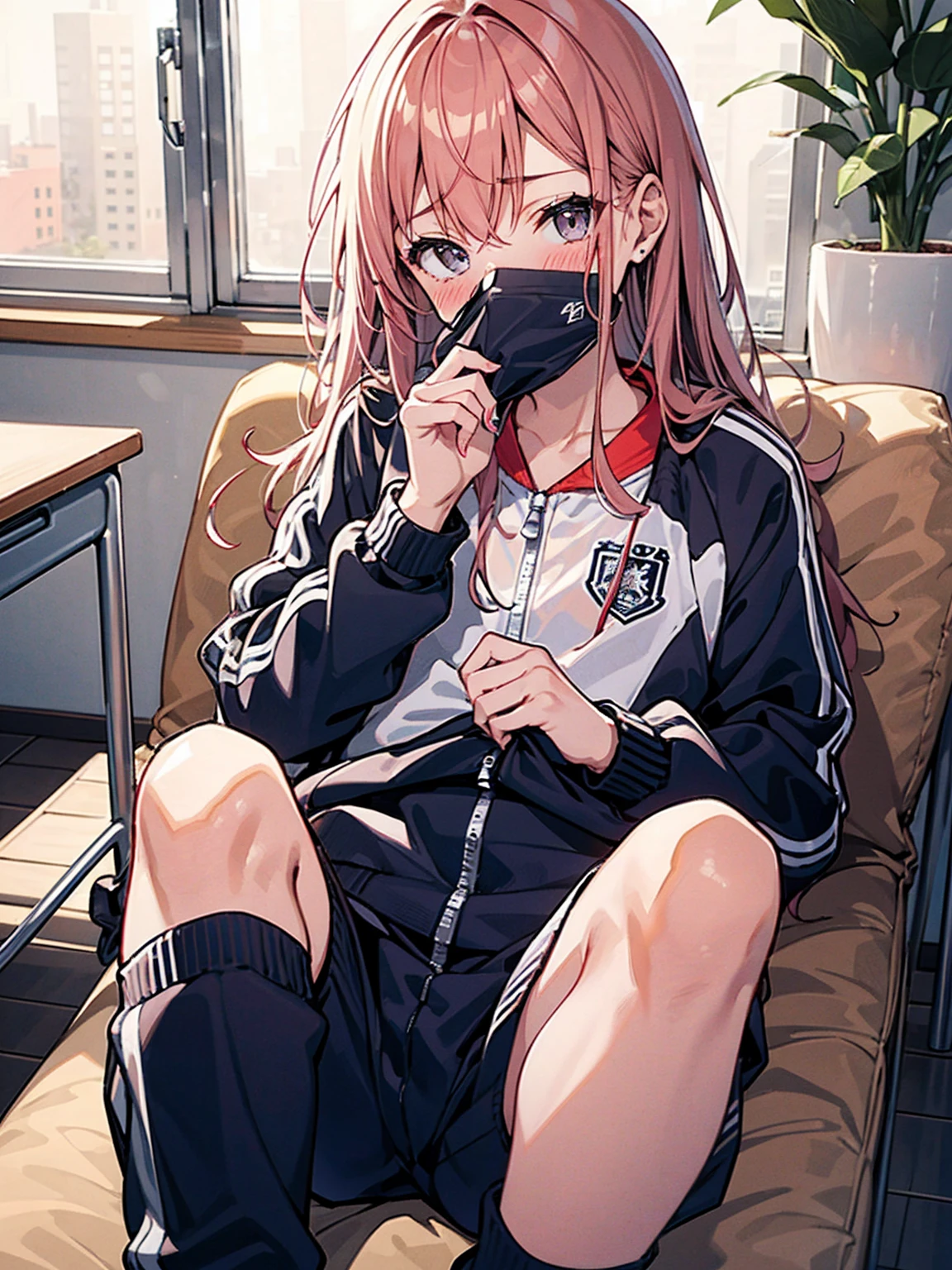 体育倉庫室で青い長袖tracksuit in schoolを脱ぐExhibitionismの女, blush, ((Exhibitionism, shame))