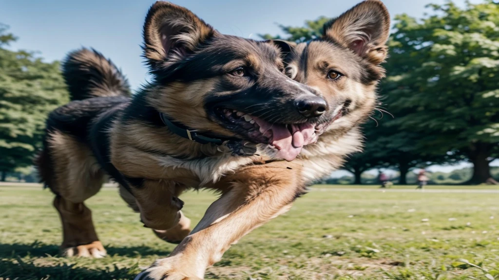 A German Shepherd dog playing Frisbee in the park with a family