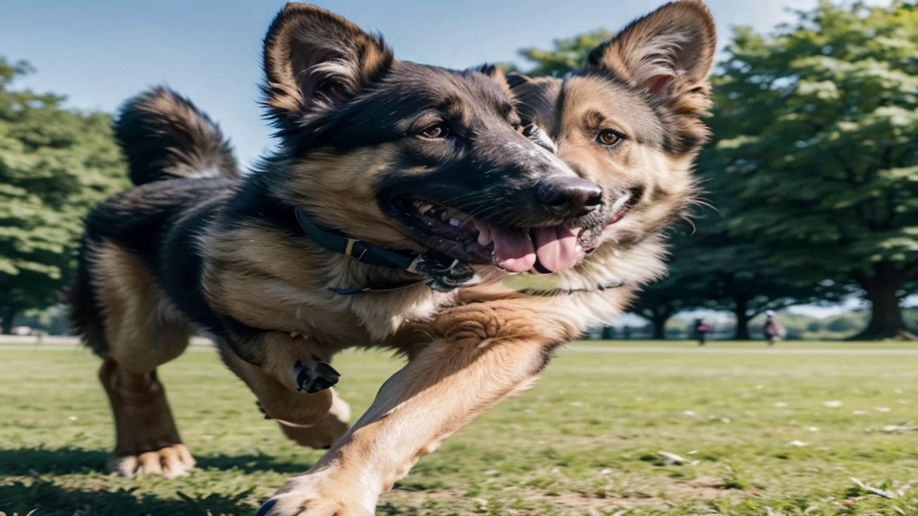 A German Shepherd dog playing Frisbee in the park with a family