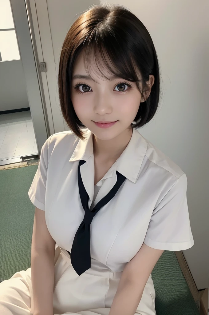 (1 Girl )、(Beautiful Japanese、24years old,round face、Refreshing、clear、seems kind、stylish、Pitiful、cute like an angel、cute、black eyes、(Single eyelid:1.3)、Beautiful skin), {(Japan human face:1.4),(General facial features)} , (((Beautiful breasts:0.4))),(((soft breasts))),(very cute),(short bob hair,black hair,),(enchanting eyes),(highlight on eyes:1.2)、(8K、Live shooting、highest quality、masterpiece:1.2、optimal lighting)、((masterpiece)),(Photo taken by a professional photographer),(real、photo real:1.4),BREAK,{ (White nurse costume),(((taraditional nurse uniform))),,{(White nurse tight skirt)}},( Smile),() break, hospital,Face shot:1.0、 face close-up,from above,(((1970s vibe)))、Hospital ,standing,looking at viewer,