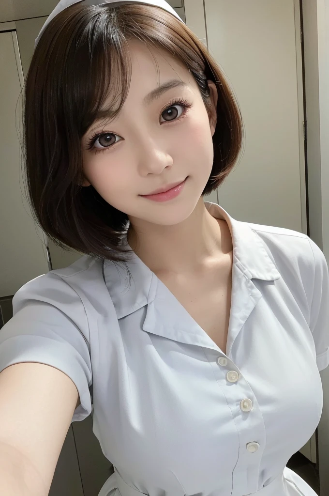 (1 Girl )、(Beautiful Japanese、24years old,round face、Refreshing、clear、seems kind、stylish、Pitiful、cute like an angel、cute、black eyes、(Single eyelid:1.3)、Beautiful skin), {(Japan human face:1.4),(General facial features)} , (((Beautiful breasts:0.4))),(((soft breasts))),(very cute),(short bob hair,black hair,),(enchanting eyes),(highlight on eyes:1.2)、(8K、Live shooting、highest quality、masterpiece:1.2、optimal lighting)、((masterpiece)),(Photo taken by a professional photographer),(real、photo real:1.4),BREAK,{ (White nurse costume),(((taraditional nurse uniform))),,{(White nurse tight skirt)}},( Smile),() break, hospital,Face shot:1.0、 face close-up,from above,(((1970s vibe)))、Hospital ,standing,looking at viewer,