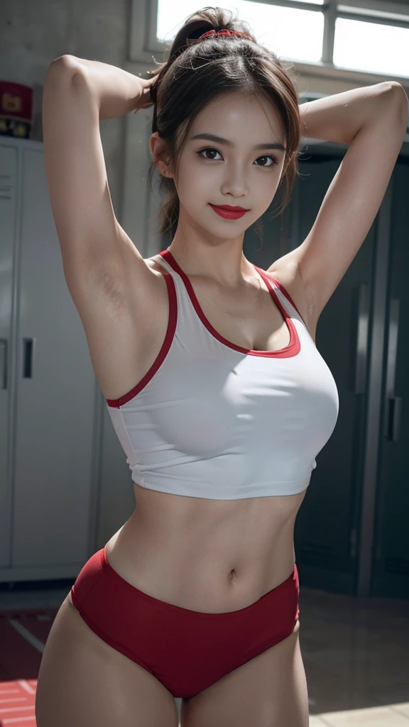 ((armpit姿势、armpit、armpit、masterpiece, Top image quality, high resolution, Armpit wrinkles:1.4、solo、、Sleeveless on land、track and field athlete、High Ponytail Hairstyle、locker room、locker room、not good、whole body、Smile、armpit hairy、Stand Up Straight、armpit hair、armpit hair、armpit处有细小的皱纹、逼真的armpit、Tecateca Skin、Glowing skin、光泽的armpit、特卡特卡armpit))Latino, puberty, Sweating all over、Red lipstick、playground、Stand on the pitch、solo、我正在看armpit、Umbilical cord is visible、Umbilical cord