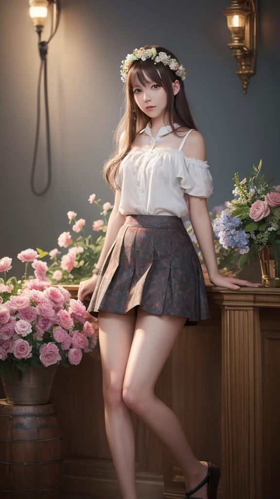 ((fullbodyphoto.long perfect beutiful legs.mini-skirt.))*1.2,there is a young girl with a flower crown on her head, soft portrait shot 8 k, maia sandu hyperrealistic, beautiful portrait image, realistic digital art 4k, realistic digital art 4 k, 🤤 girl portrait, ukrainian girl, beautiful digital artwork, fantasy portrait, 8k portrait render, realistic cute girl painting, realistic digital painting, cute portrait, beautiful fantasy portrait。