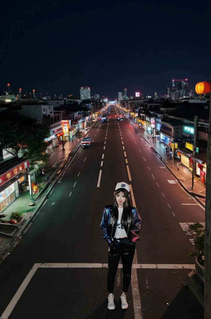 At night on Chinatown Road, Yaowarat, there is an open area. There is a Korean female idol wearing a hip-hop style outfit, standing in a cool pose in the middle of the road. The lights at night are beautiful and realistic. 64K Perspective view from the ground to the top. Colorful lights are lines of movement. 